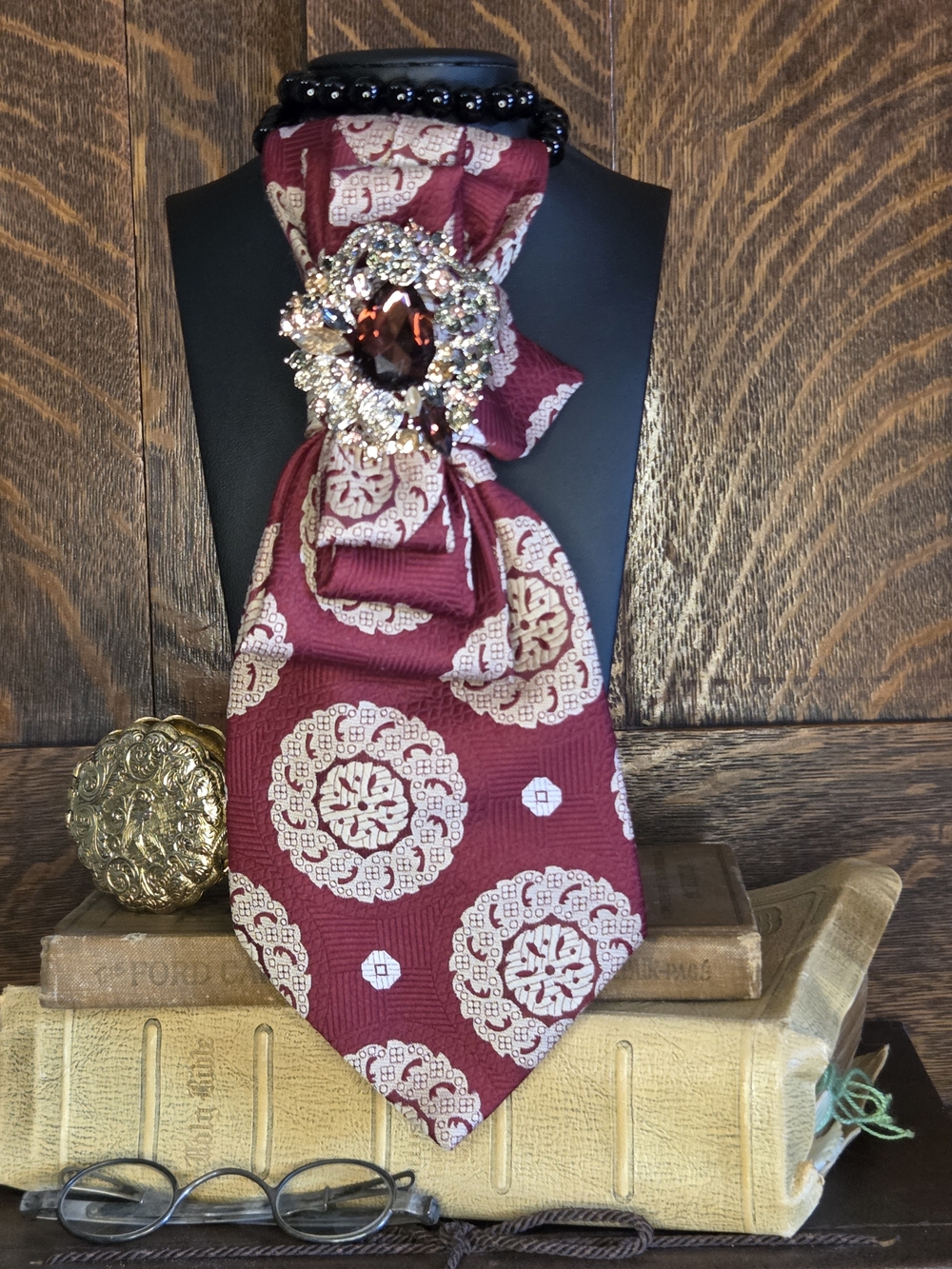 Silk Burgundy Patterned Necktie with Crystal Brooch